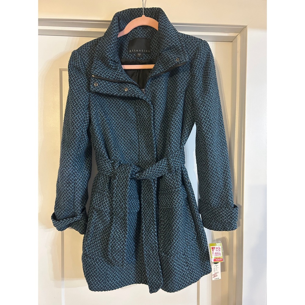 NEW Attention Womens Tweed Chevron Pattern Belted Coat Vintage Teal Black Small‎